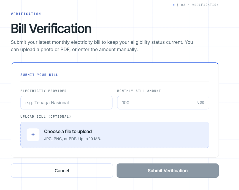 NEXT bill verification screen — bill upload