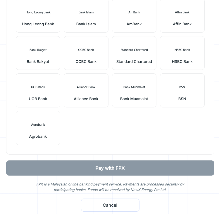 NEXT FPX payment screen — bank selection