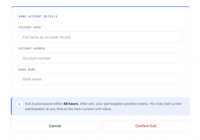 NEXT exit participation screen — bank payout details